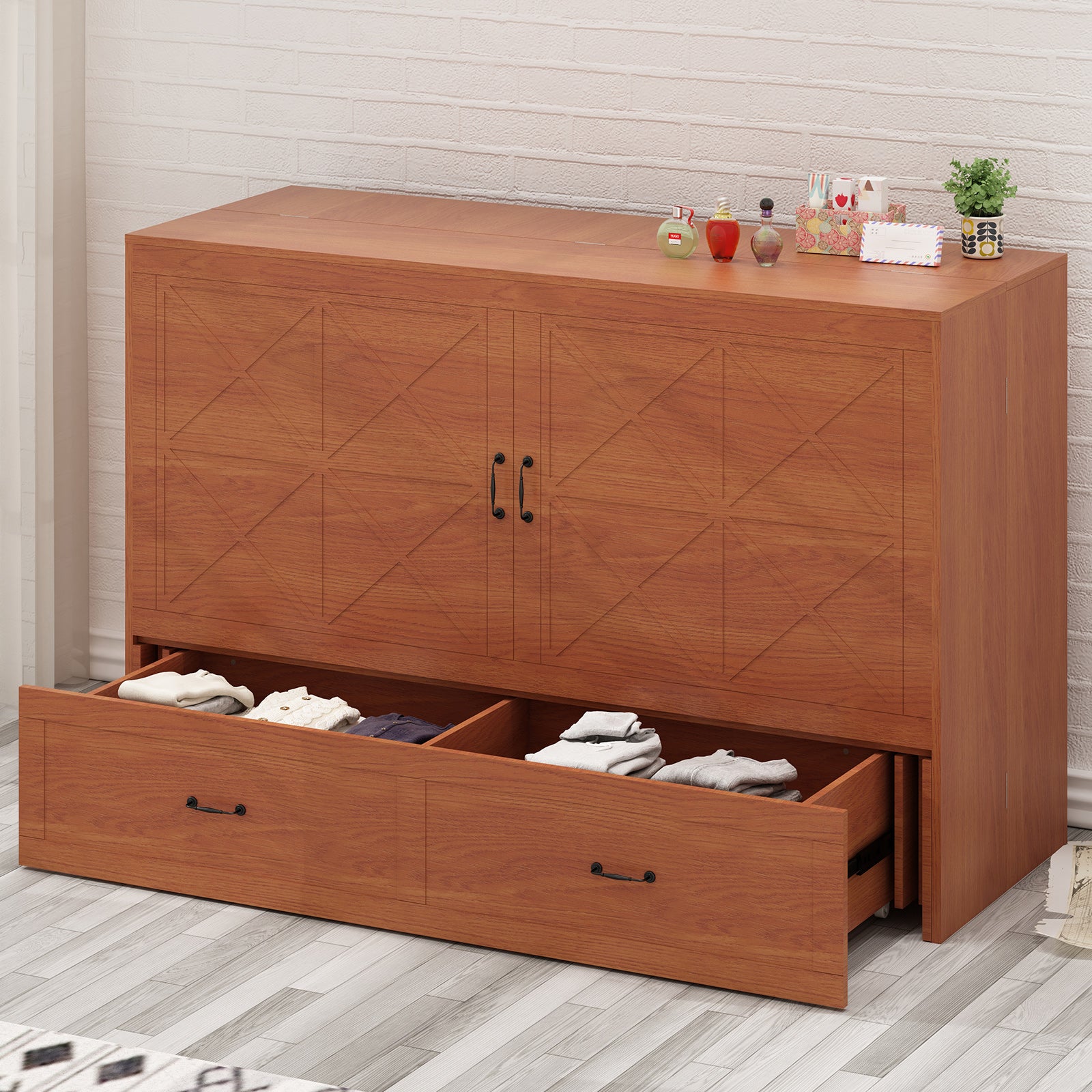 Mjkone Queen Murphy Bed Cabinet with USB Ports and 2 Storage Drawers, Convertible Folding Horizontal Murphy Bed with 5'' Mattress, Hidden Murphy Chest Bed for Guest Room, Home, Office
