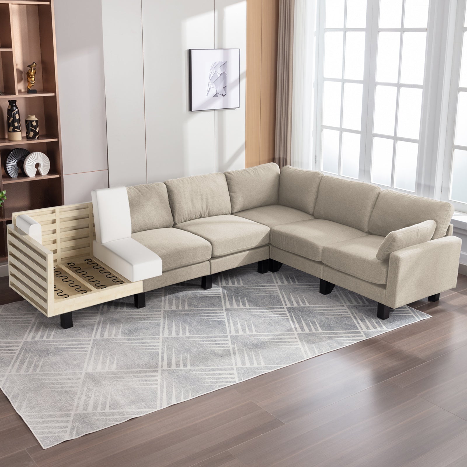 Mjkone L-Shaped Corner Sectional Sofa Set, 6-Seat Modular Sleeper Sofa Couch with Linen Upholstered, L-Shaped Corner Sofa with Solid Wood Legs, Living Room Furniture Set