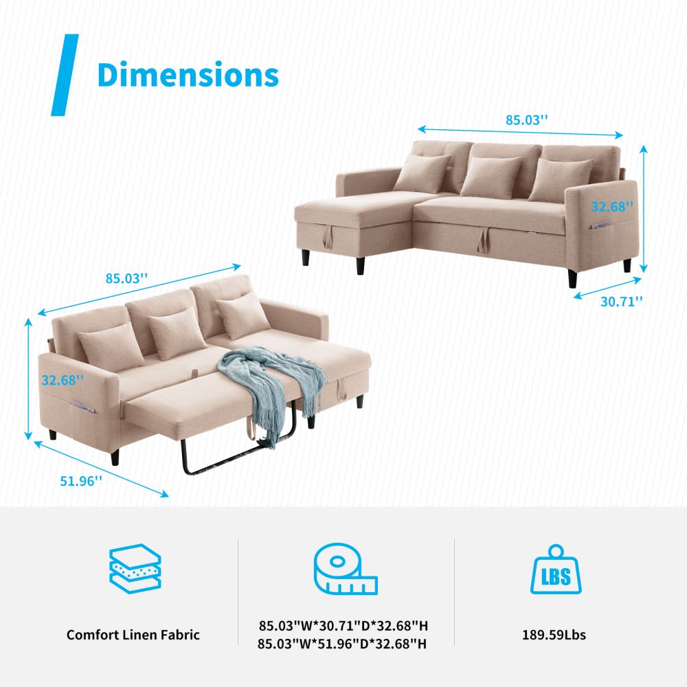 Mjkone L-Shape Sectional Sleeper Sofa Bed with Storage Chaise