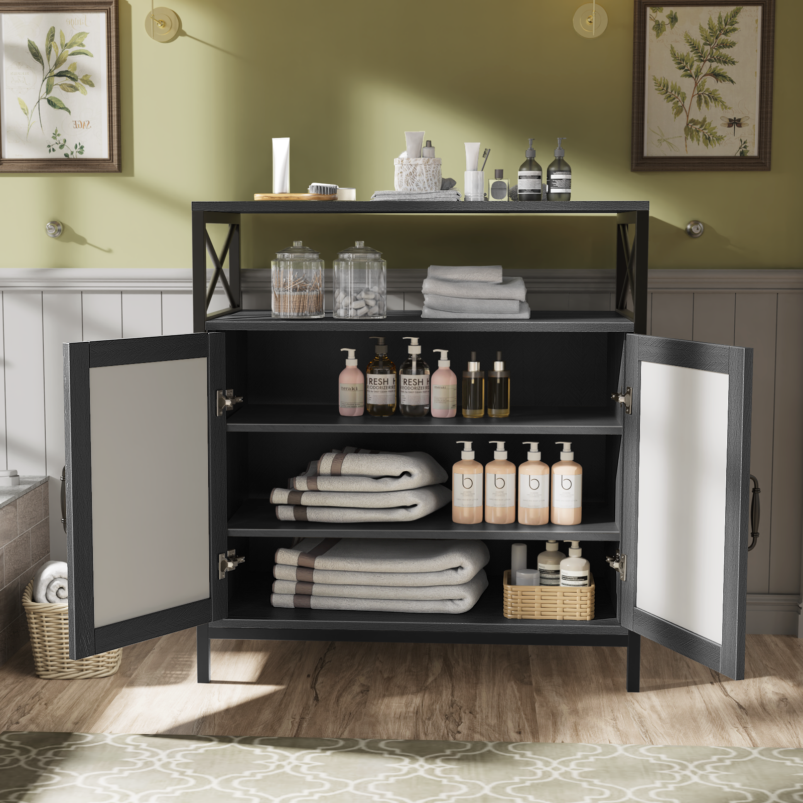 Mjkone Side Cabinet with Storage, Modern Free Standing Cabinet, Buffet Sideboard with Metal Base