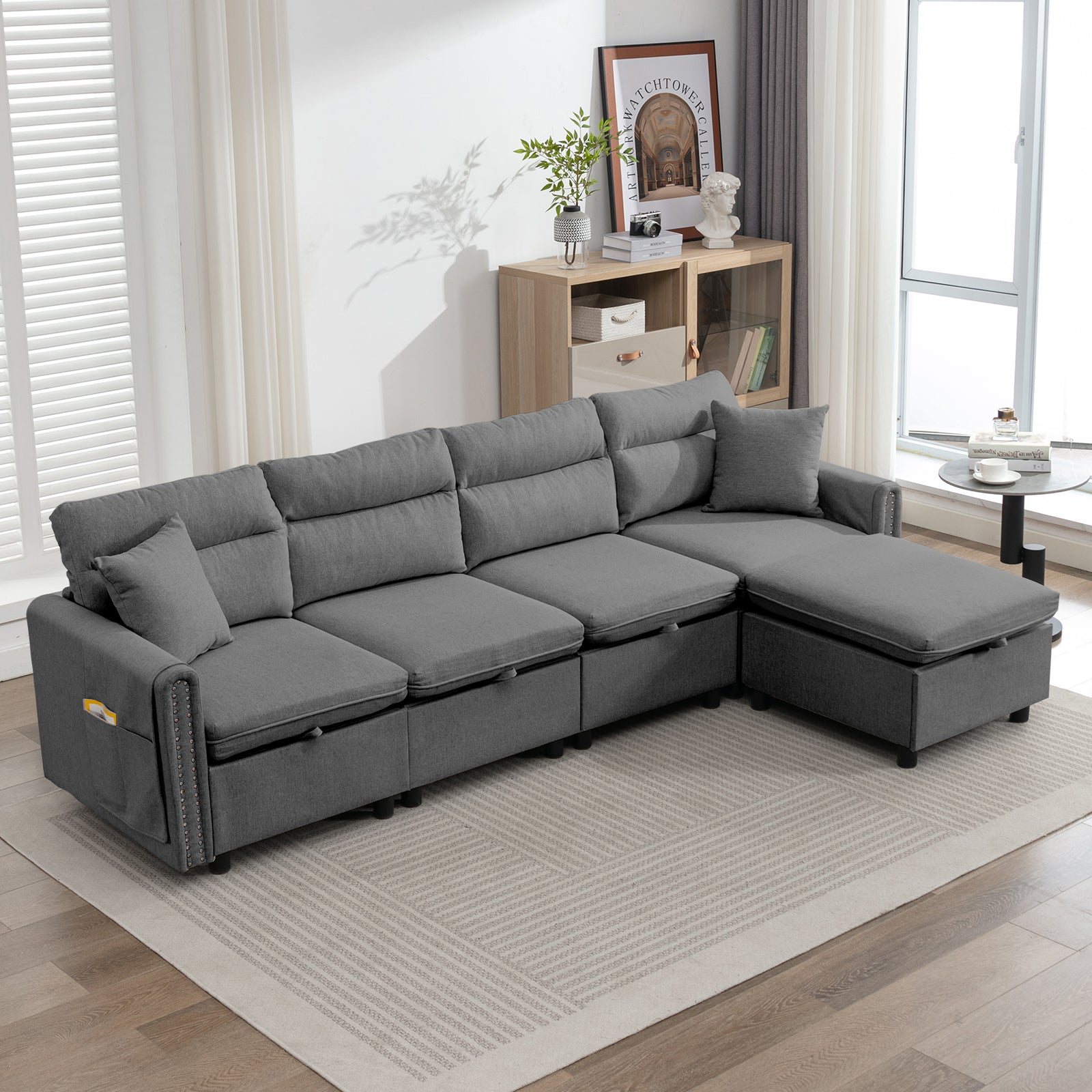 Mjkone Sectional Sofa with Storage Seat and Side Pockets, Sectional Couch with Reversible Chaise, Modular Sectional Sofa Set with Linen Upholstered, Modern Living Room Sets