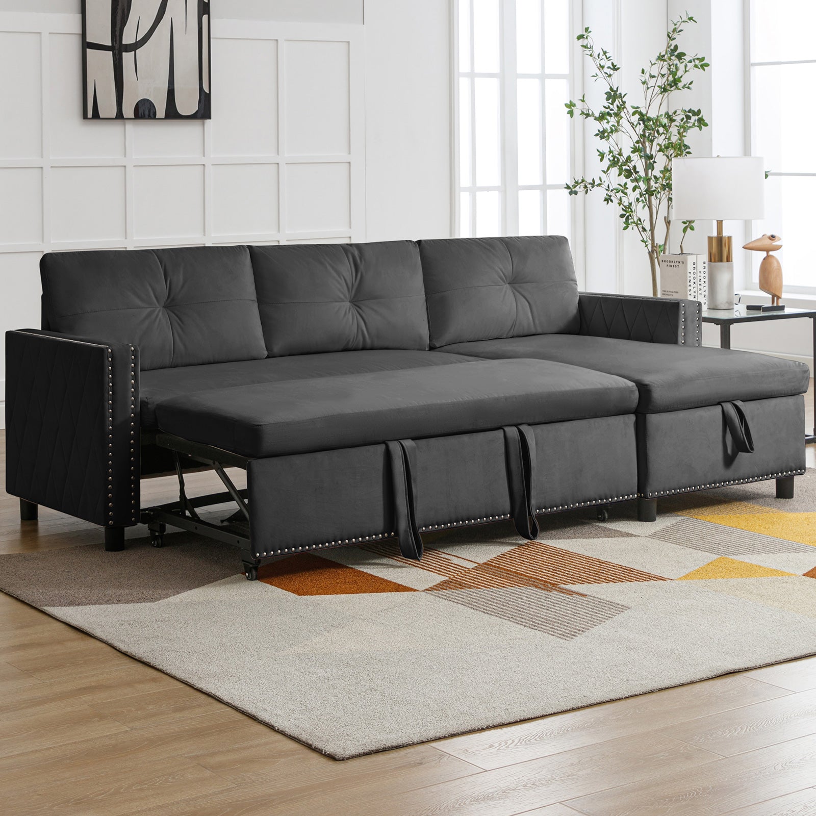 Mjkone Pull Out Sectional Sleeper Sofa with Storage Chaise