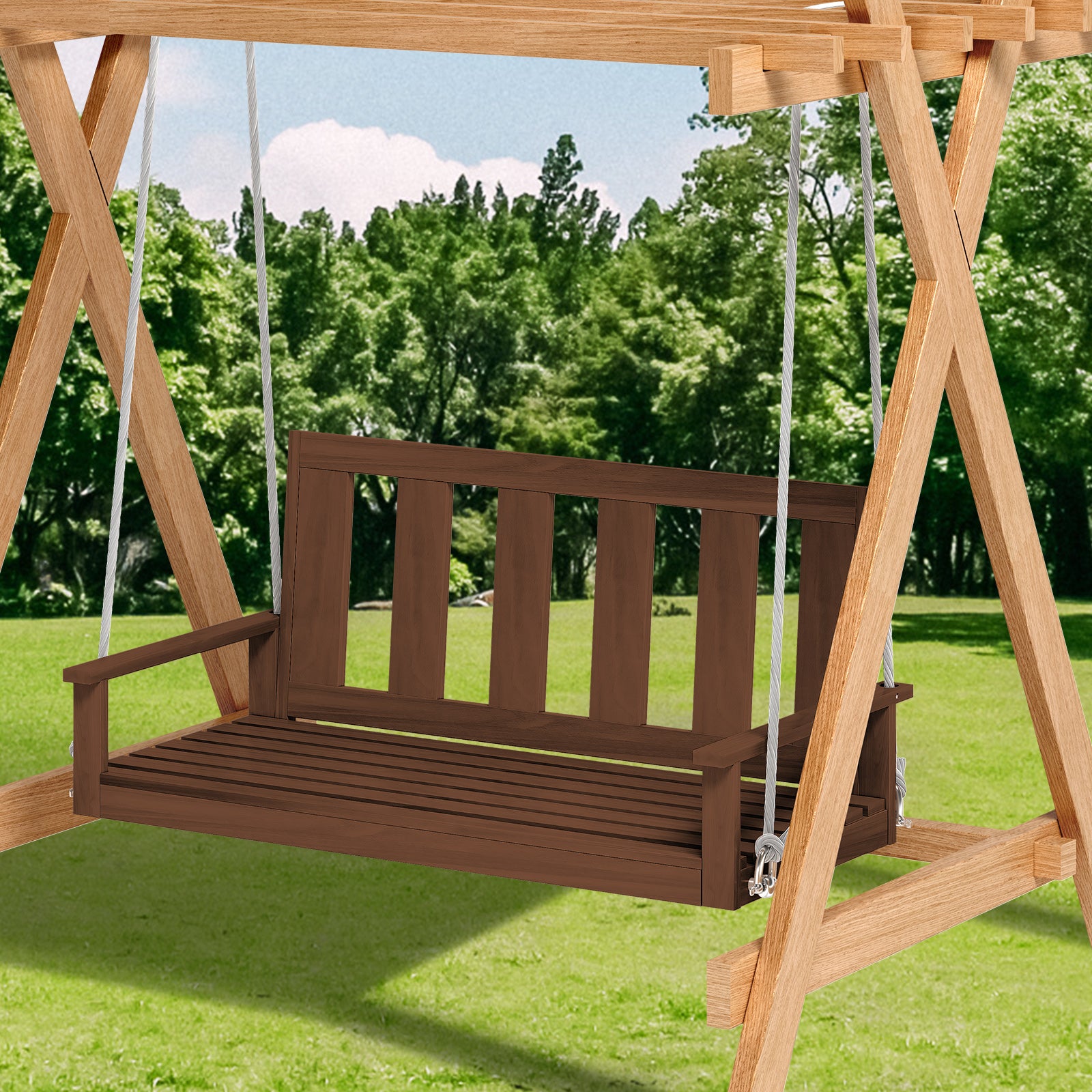 Mjkone Outdoor Wood Swing, Garden Swings with 2-3 Seat for Adults Kids, Large Tree Swing for Yard Patio Porch Garden, Hanging Bench Chair Furniture for Deck, 700LBS Weight Capacity
