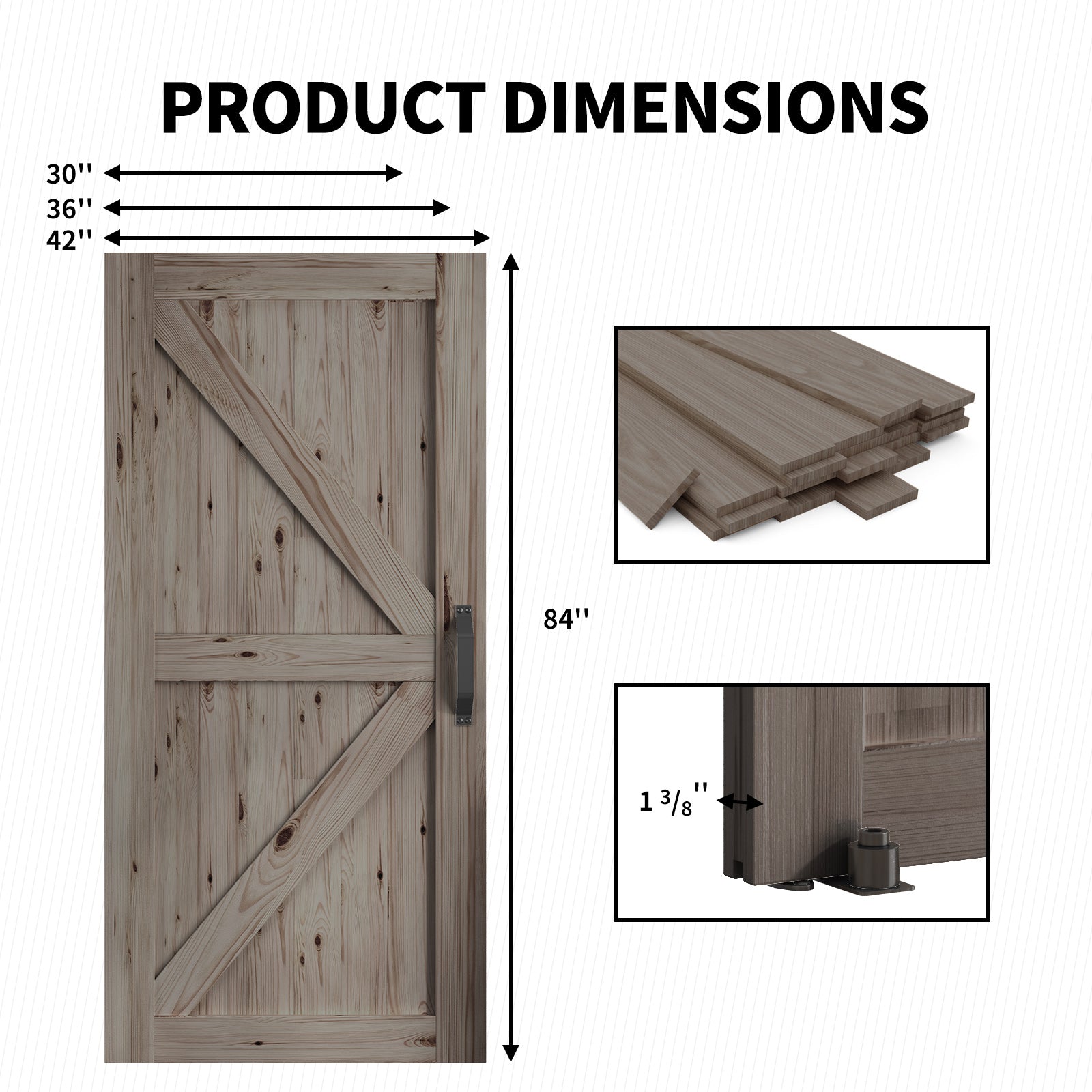 Mjkone Sliding Barn Door with 6.6ft Barn Door Hardware Kit & Handle, Pre-Drilled Ready to Assemble, DIY Unfinished Solid Spruce Wood Panelled Slab, K-Frame