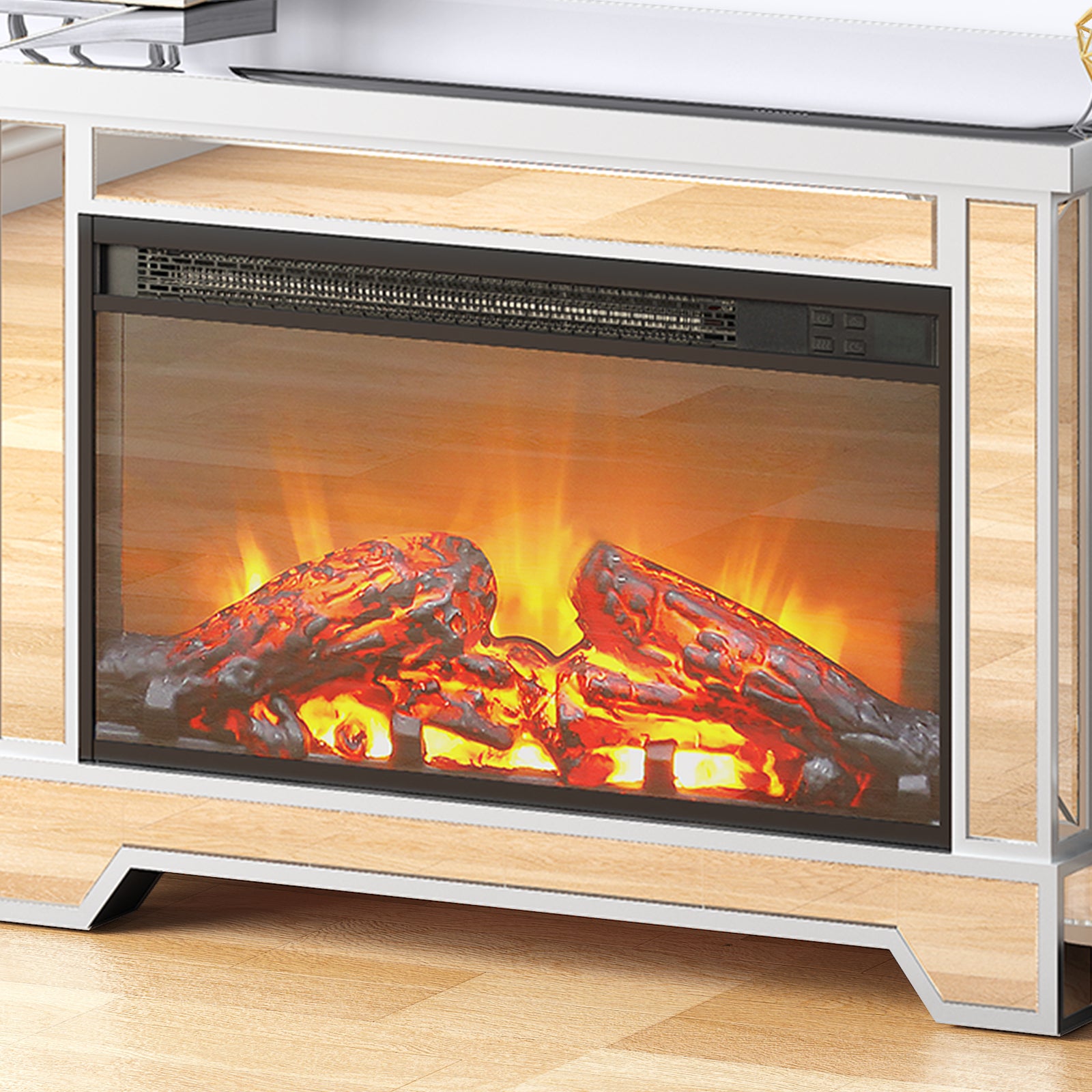 Mjkone Mirrored Fireplace TV Stand, Modern LED Living Room Console Entertainment Center, Hot Air Conditioning, Overheat Protection, 7 Colors Flames, 2 Door Television Cabinet