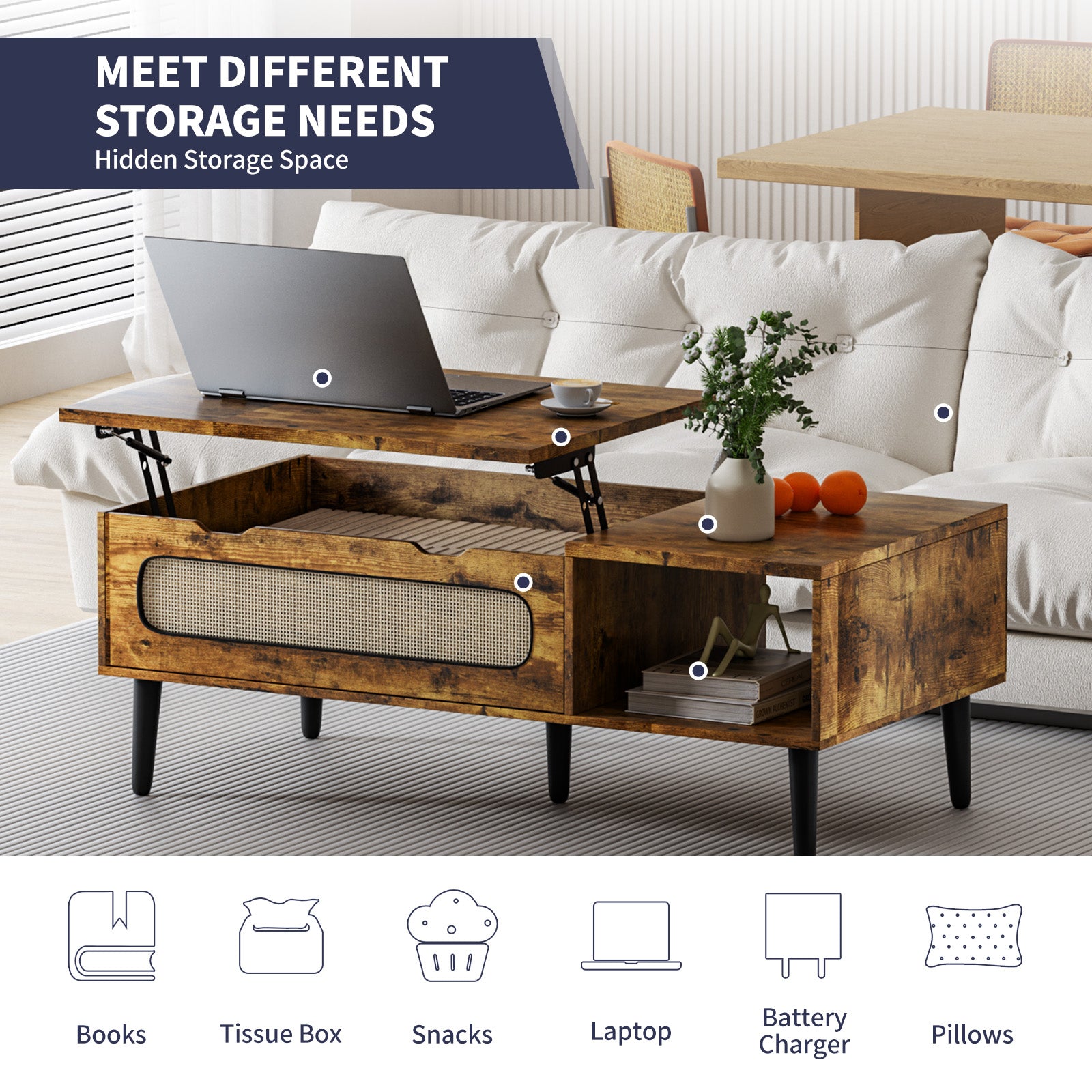 Mjkone 47" Lift Top Coffee Table with Storage Shelf and Hidden Compartment, Modern Wooden Center Table with Rattan Weaving Decoration for Home Living Room, Office