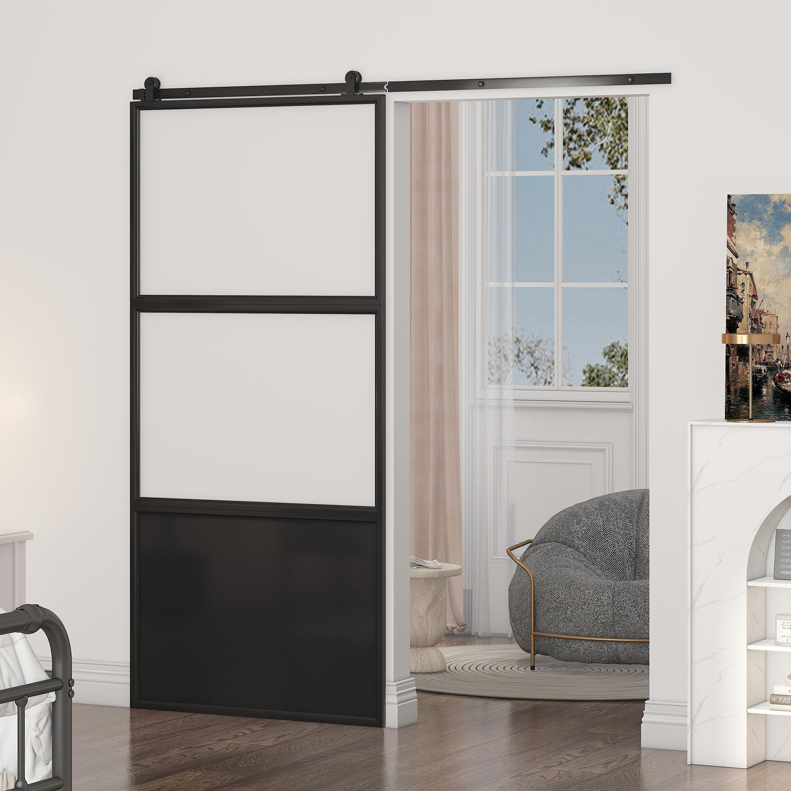 Mjkone Minimalist Style Metal Barn Door, Track Sliding Door with Hardware Components, Silent Barn Door with Frosted Tempered Glass, Easy to Install