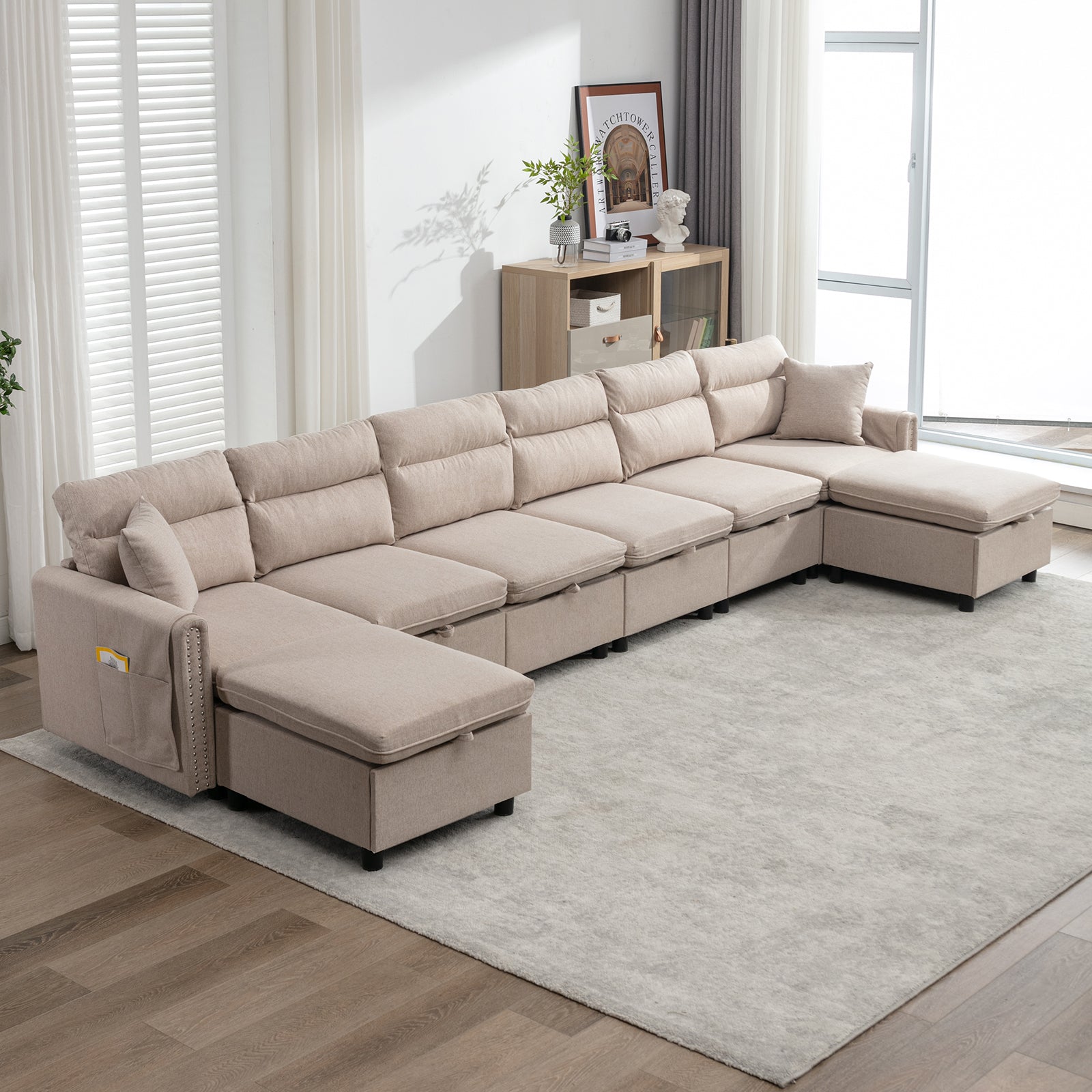 Mjkone Sectional Sofa with Storage Seat and Side Pockets, Sectional Couch with Reversible Chaise, Modular Sectional Sofa Set with Linen Upholstered, Modern Living Room Sets