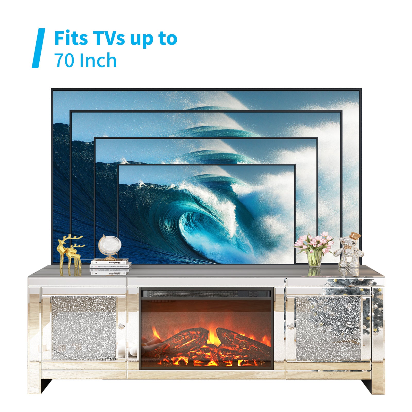 Mjkone Mirrored TV Stand, Mirrored Electric Fireplace Tv Stand, Mantel Freestanding Heater & 7 Colors 3D Realistic Flame Effect, Entertainment Center Furniture for Living Room, Silver