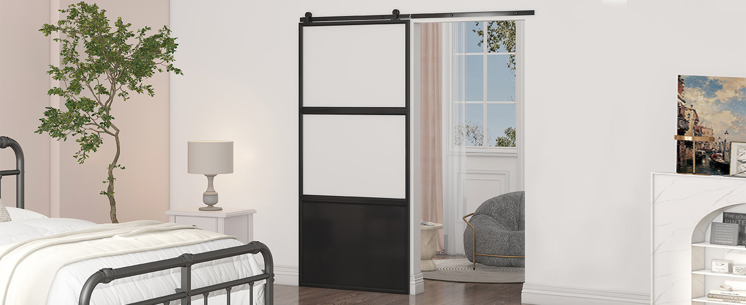 Mjkone Minimalist Style Metal Barn Door, Track Sliding Door with Hardware Components, Silent Barn Door with Frosted Tempered Glass, Easy to Install