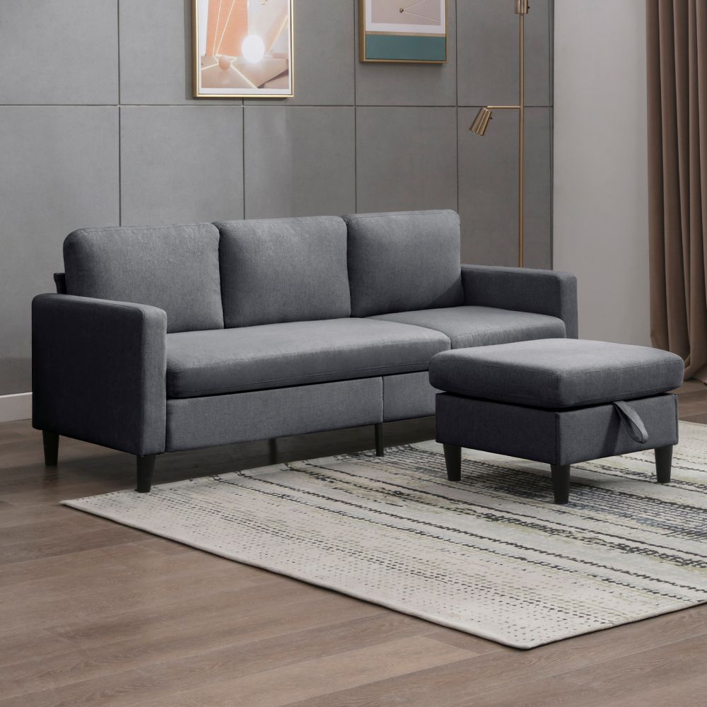 Mjkone Linen Convertible Sectional Sofa with Storage Ottoman