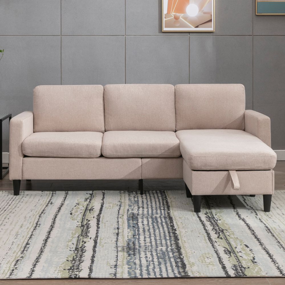 Mjkone Linen Convertible Sectional Sofa with Storage Ottoman