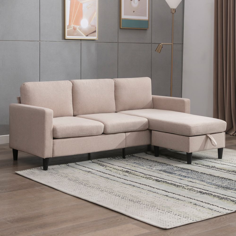 Mjkone Linen Convertible Sectional Sofa with Storage Ottoman