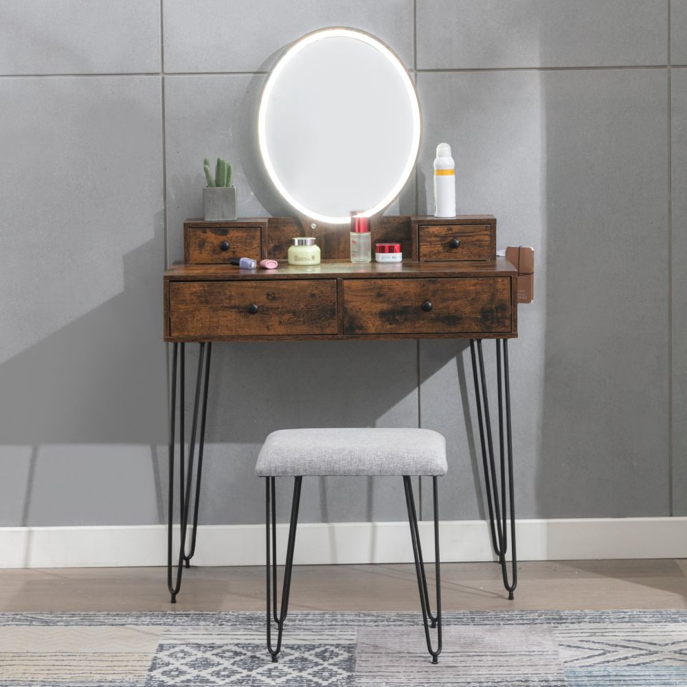 Mjkone Dressing Table with Lighted Mirror and Cushioned Stool