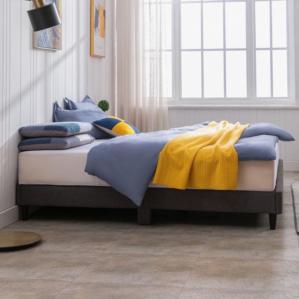 Mjkone Linen Modern Platform Bed with Wood Slat Support