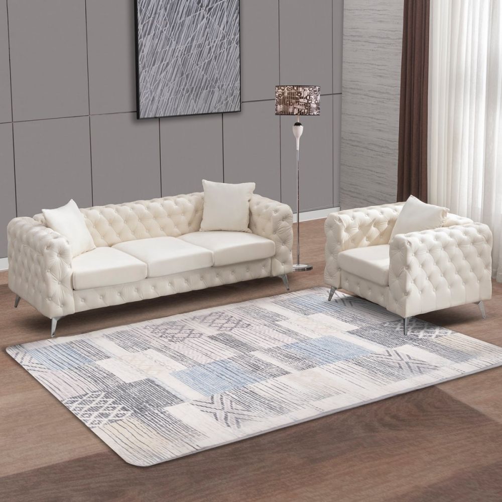 Mjkone Deep Button Tufted Modern Sofa Set, Blue/Beige