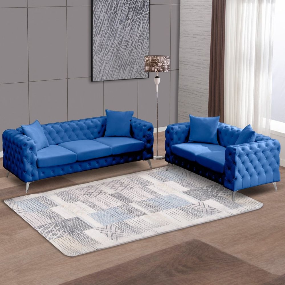 Mjkone Deep Button Tufted Modern Sofa Set, Blue/Beige