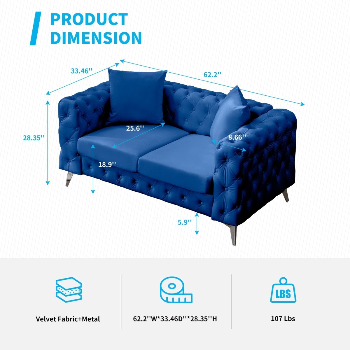 Mjkone Deep Button Tufted Modern Sofa Set, Blue/Beige