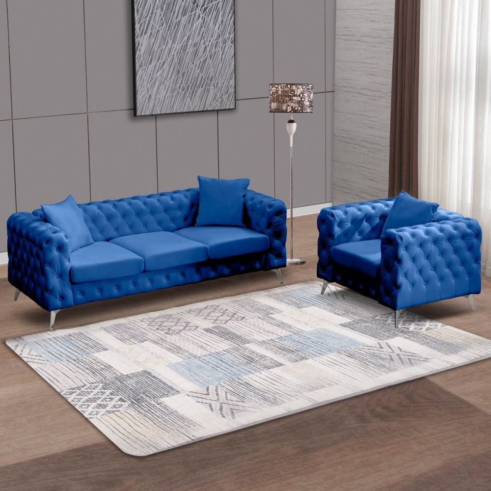 Mjkone Deep Button Tufted Modern Sofa Set, Blue/Beige