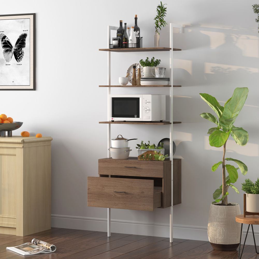 Mjkone 4-Tier Industrial Bookshelf Shelves with Drawers and Frame