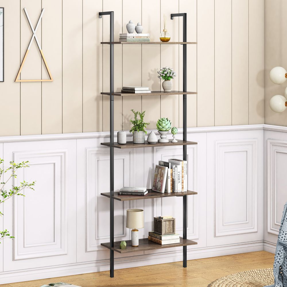 Mjkone 5-Tier Wall Mounted Bookshelf Shelves with Metal Frame