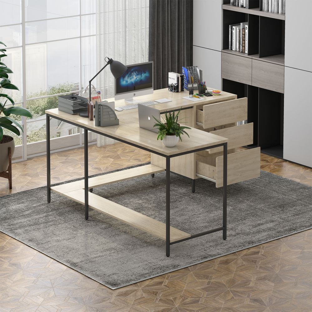 Mjkone 64” L-Shaped Office Computer Desk with Three-tier Storage Cabinet