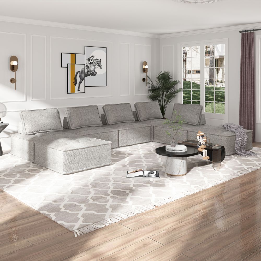 Mjkone 7-Piece Linen Fabric Upholstered Modular Sectional Sofa
