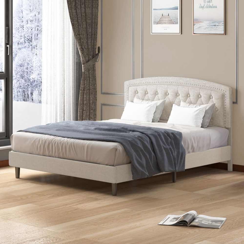 Mjkone Wood Slat Upholstered Platform Bed Frame With Headboard