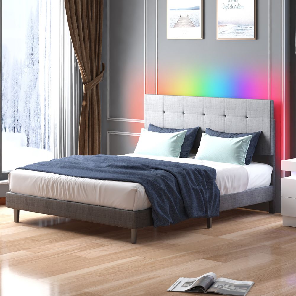 Mjkone LED Lights Bed Frame Alexa APP Control Upholstered Bed