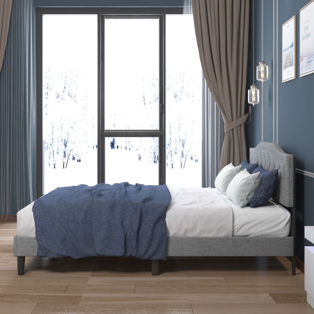 Mjkone Linen Fabric Platform Upholstered Bed Frame With Adjustable Headboard