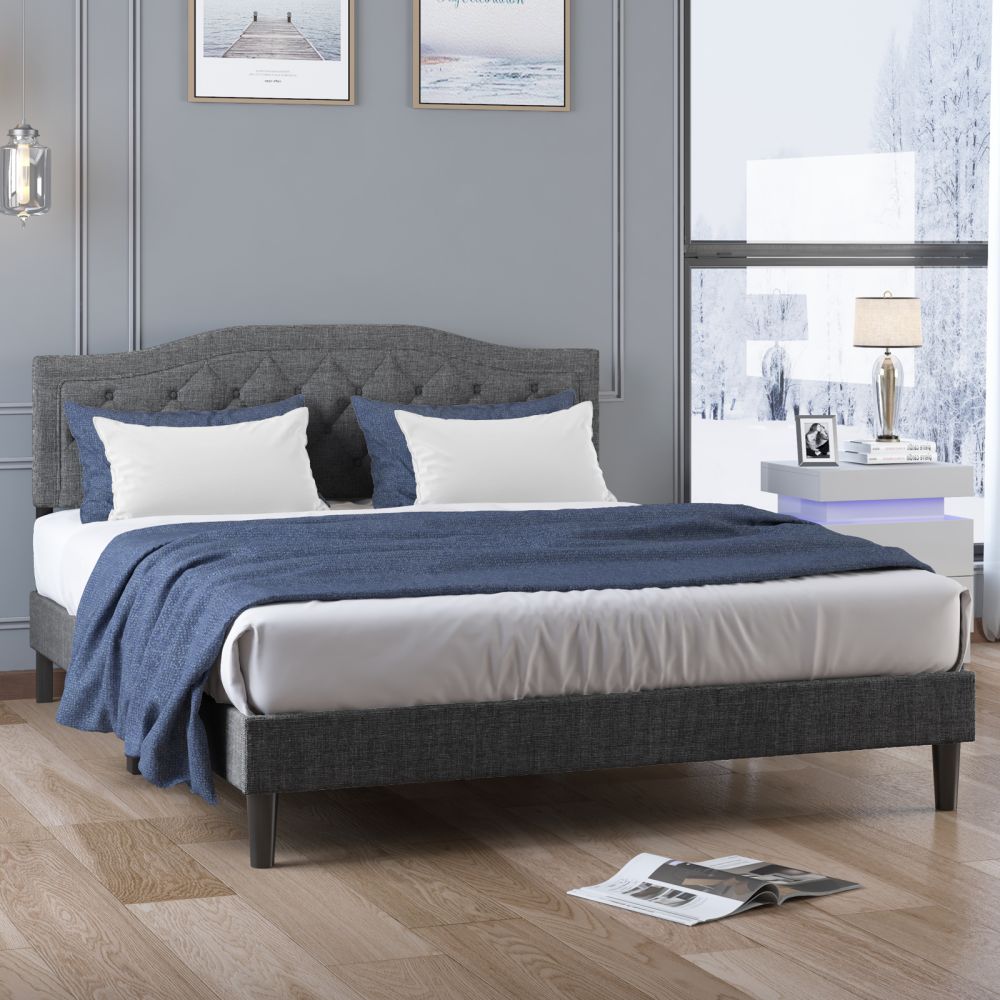 Mjkone Linen Fabric Platform Upholstered Bed Frame With Adjustable Headboard