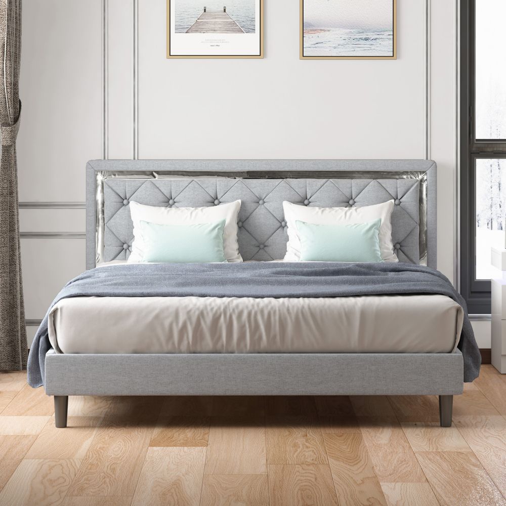 Mjkone Linen Fabric Upholstered Bed With Tufted Headboard
