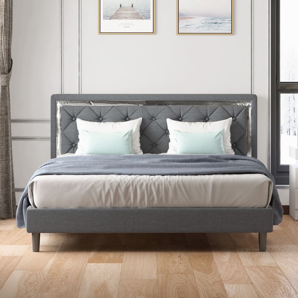 Mjkone Linen Fabric Upholstered Bed With Tufted Headboard
