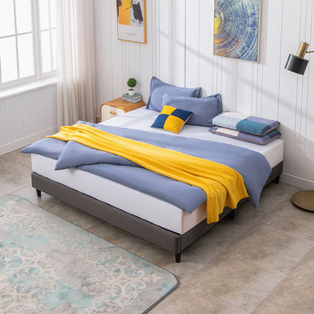 Mjkone Linen Modern Platform Bed with Wood Slat Support