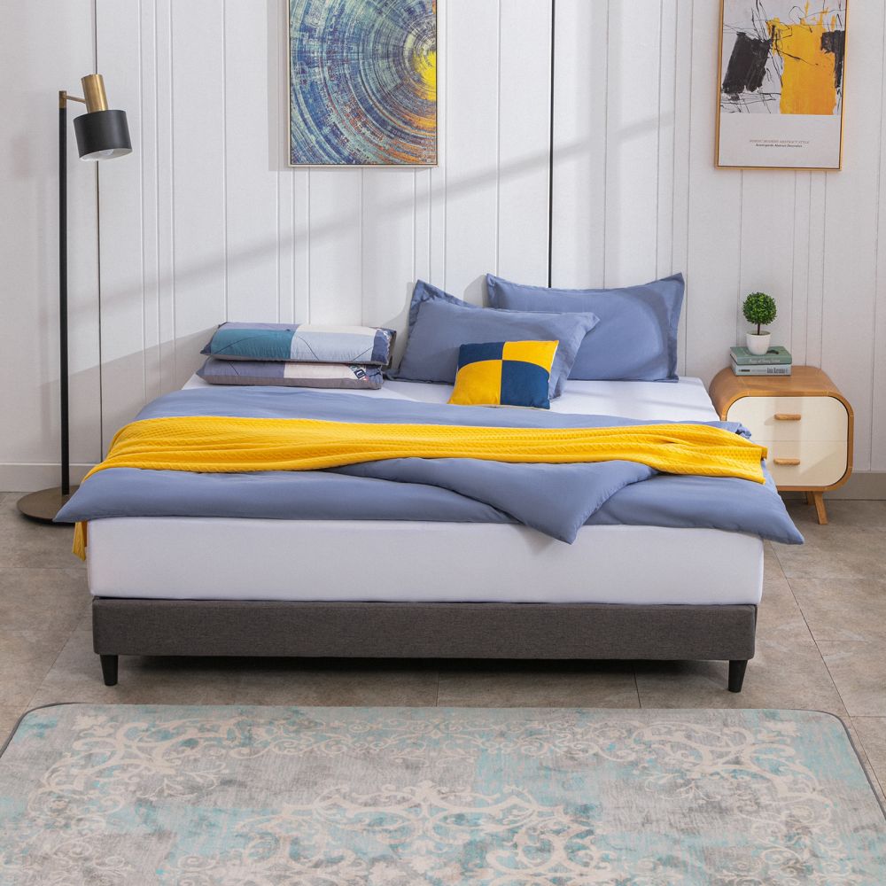 Mjkone Linen Modern Platform Bed with Wood Slat Support