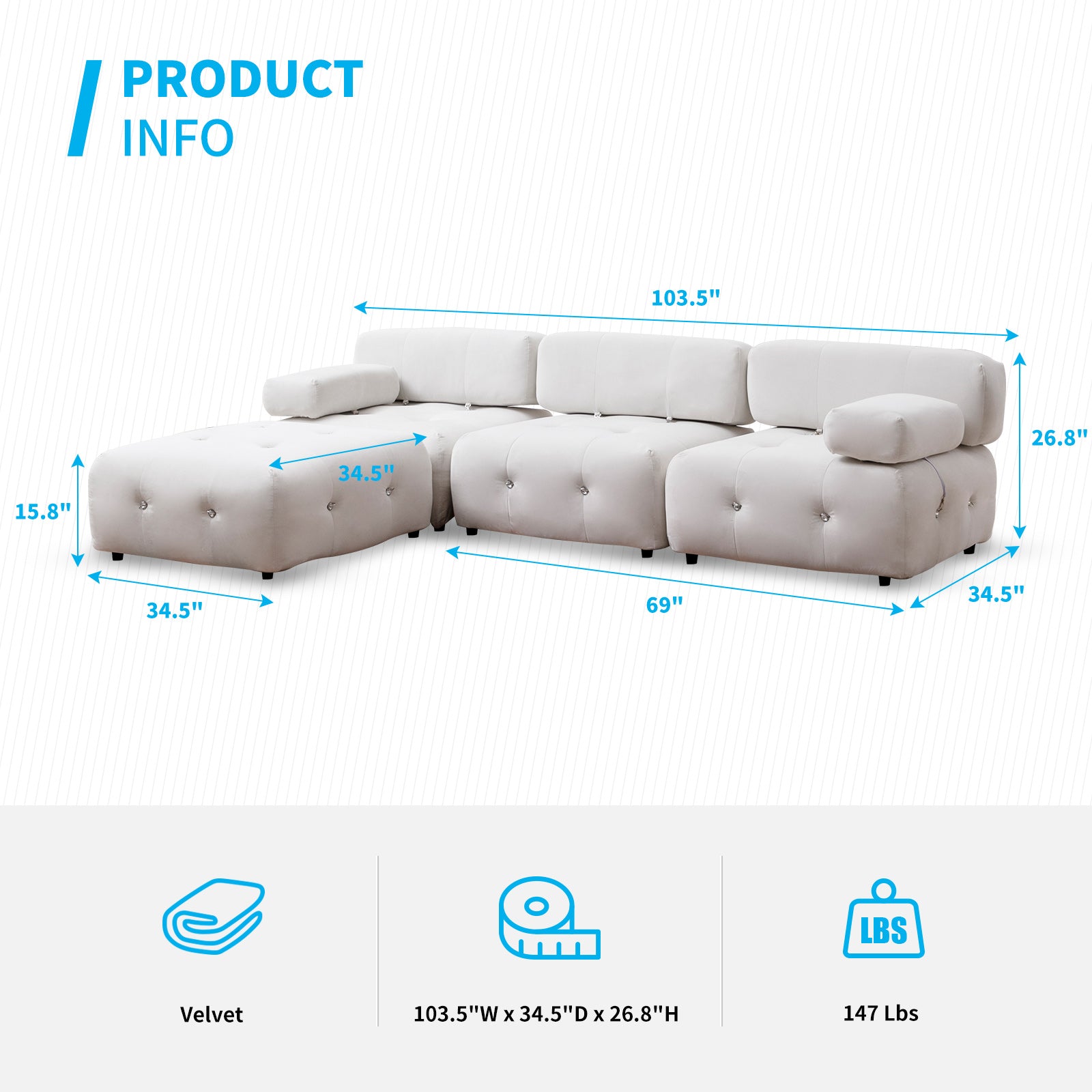Mjkone Minimalist Velvet Modular Convertible Sectional Sofa