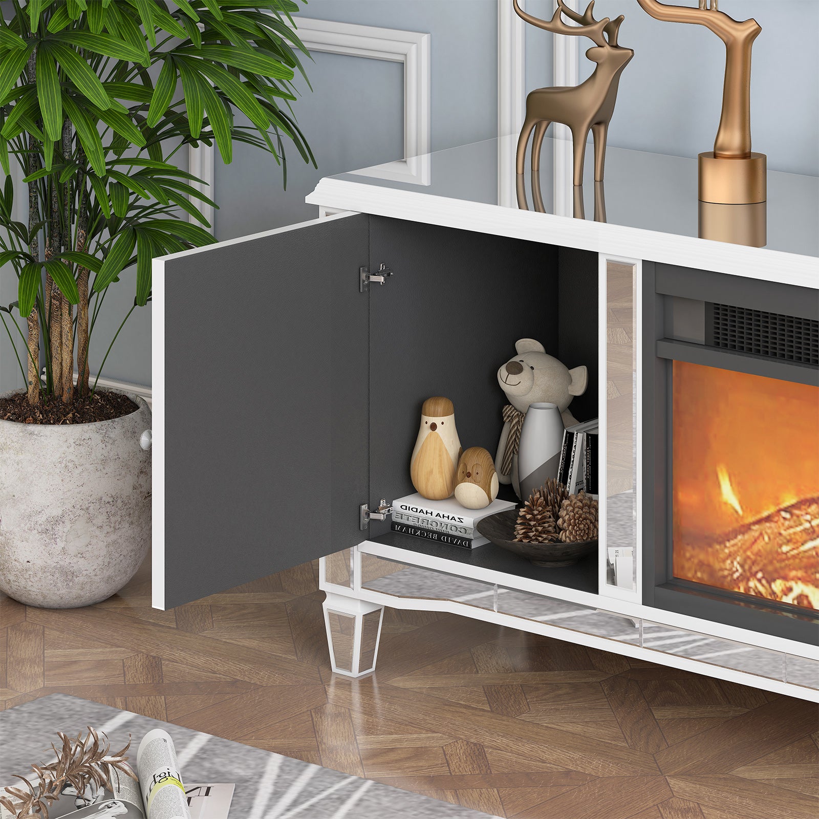 Mjkone Mirrored TV Stand with Heater Fireplace