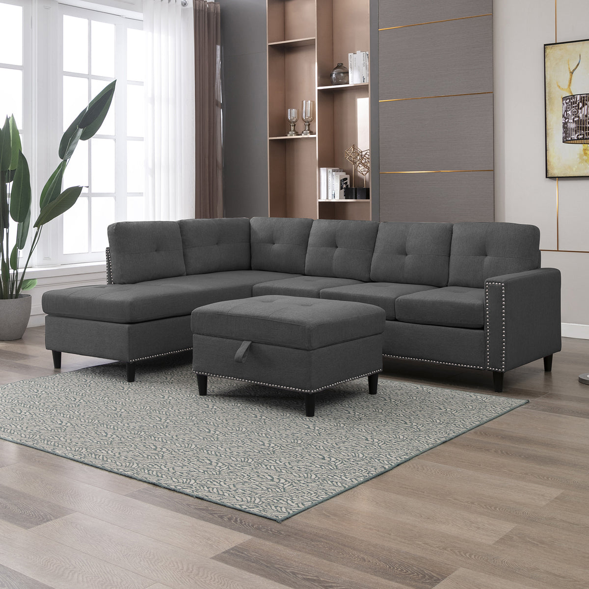 Mjkone Modern Upholstered Sectional Sofa with Ottoman