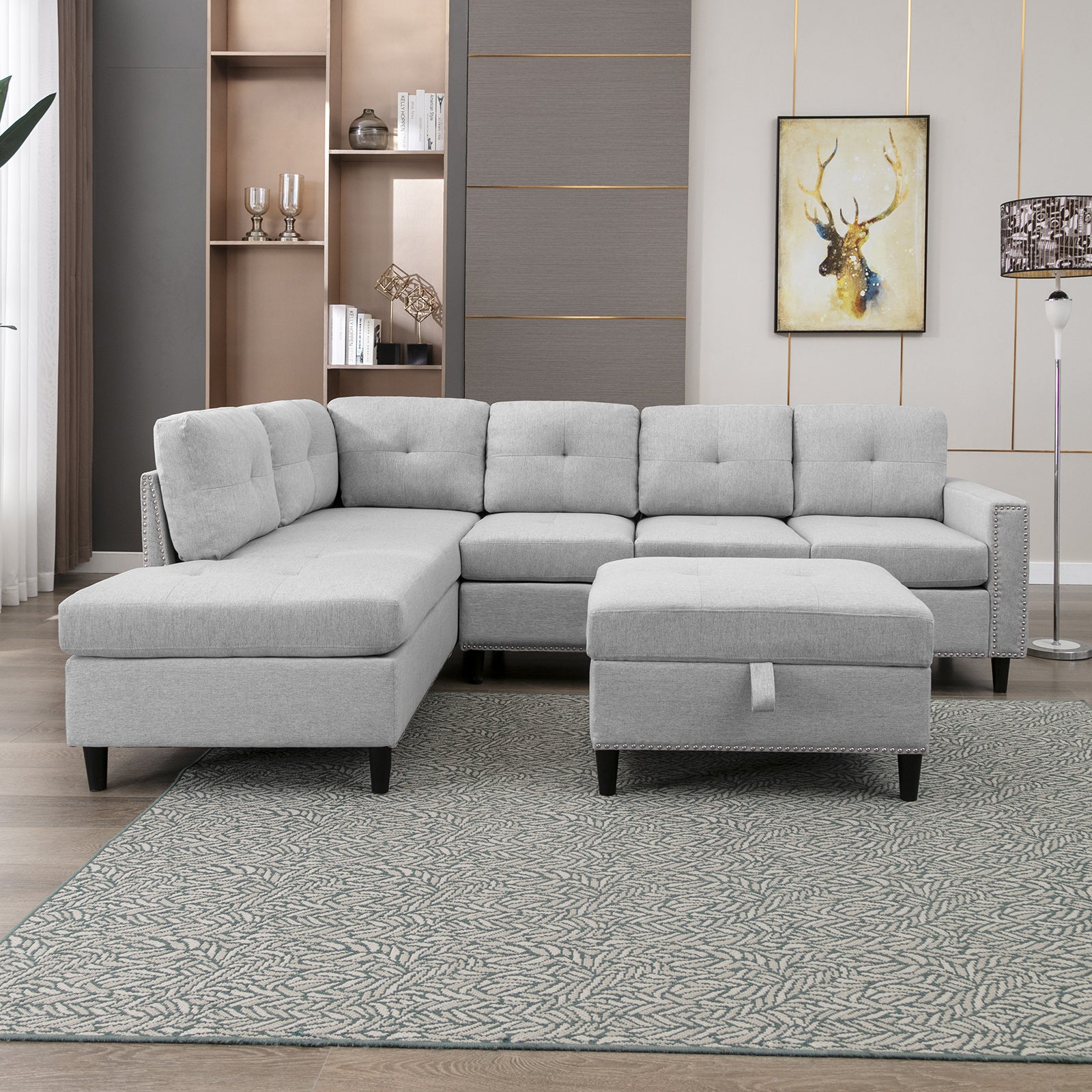 Mjkone Modern Upholstered Sectional Sofa with Ottoman