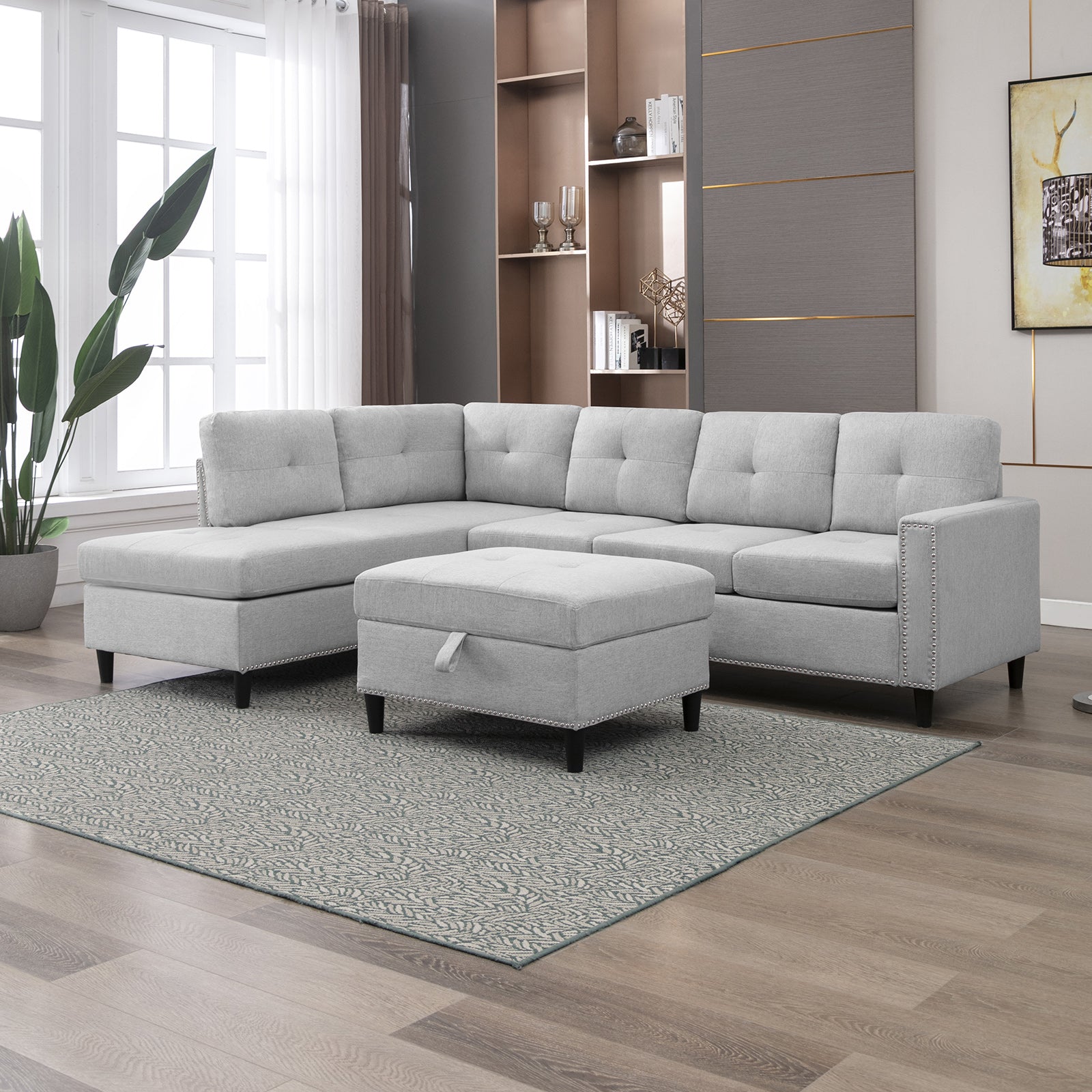 Mjkone Modern Upholstered Sectional Sofa with Ottoman
