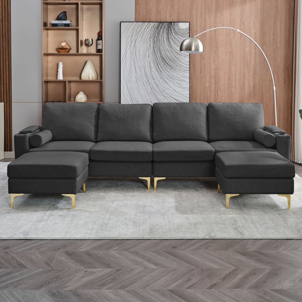Mjkone Modern Velvet Upholstered Sectional Sofa with Ottoman