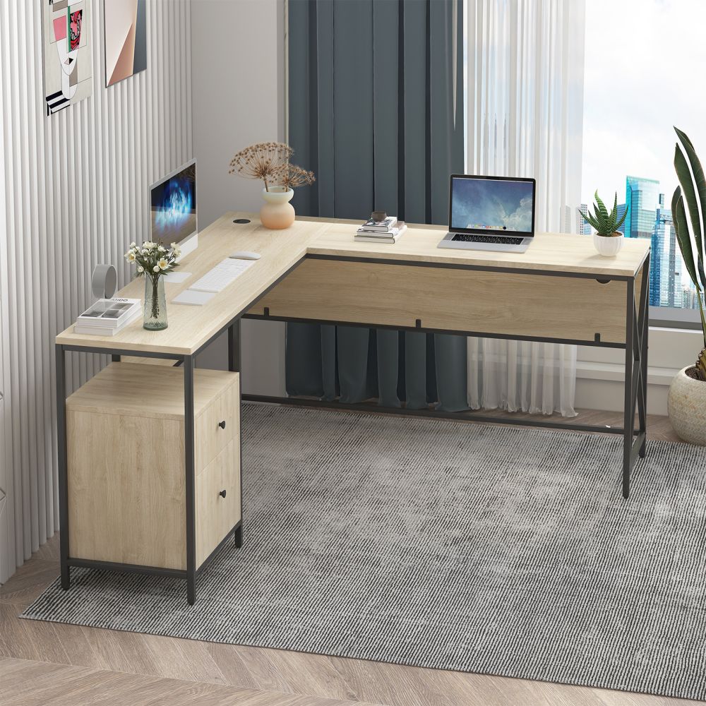 Mjkone L-Shaped Home Office Desk with Drawer and Charging Port