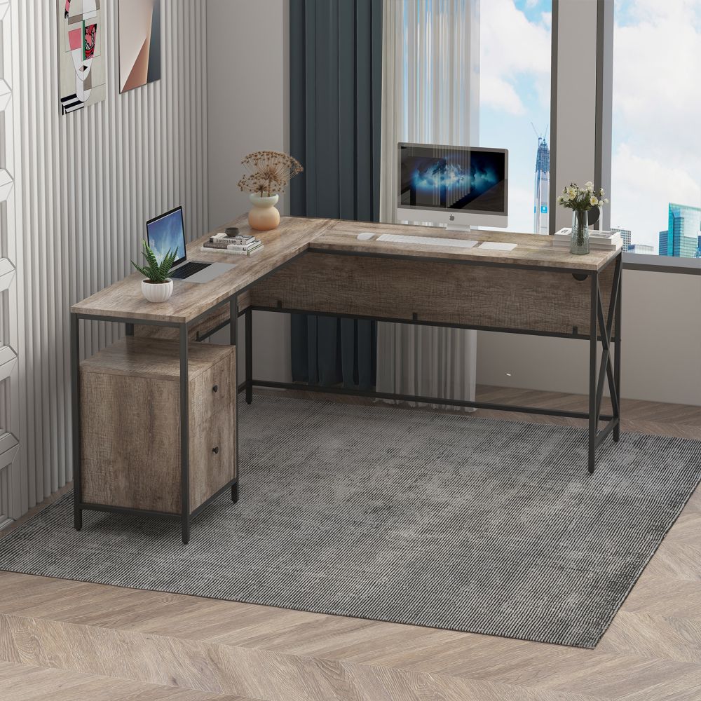 Mjkone L-Shaped Home Office Desk with Drawer and Charging Port