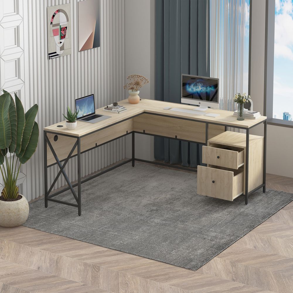 Mjkone L-Shaped Home Office Desk with Drawer and Charging Port