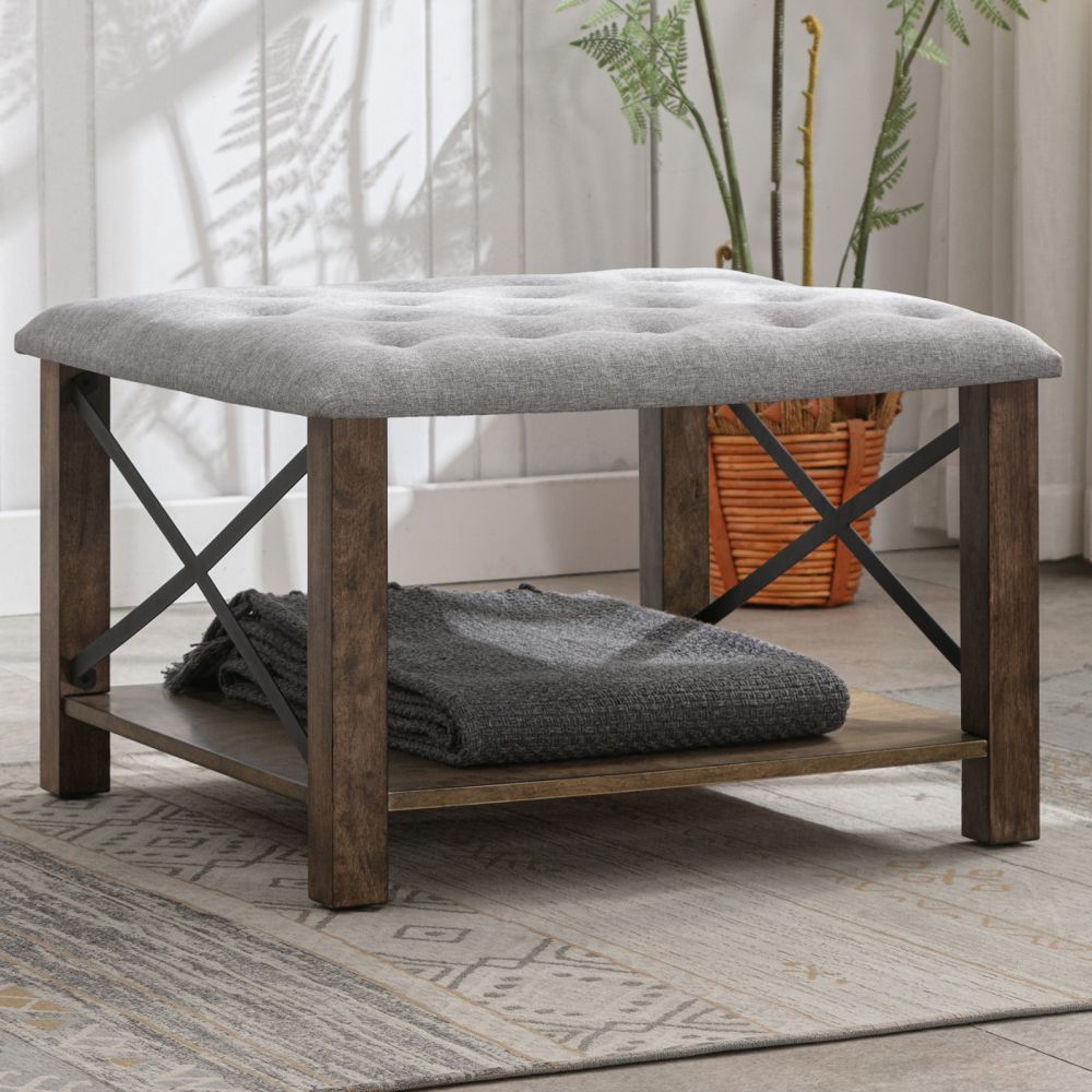 Mjkone Tufted Linen Upholstered Ottoman Stool