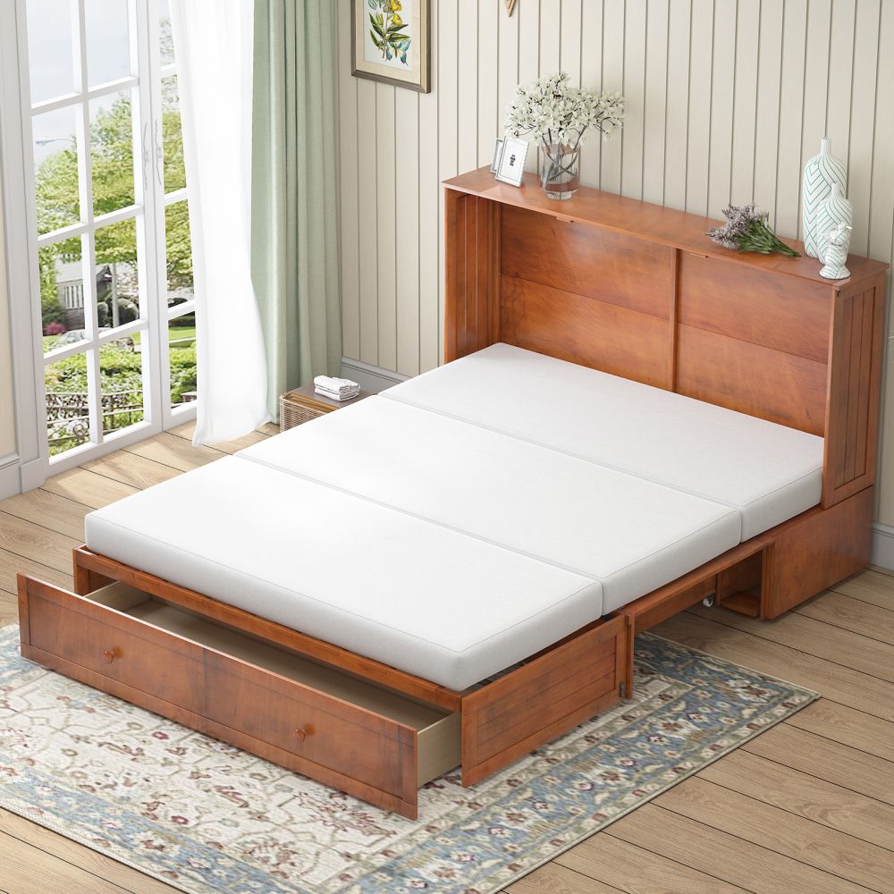 Mjkone Queen Size Murphy Bed with Mattress & Storage Drawer