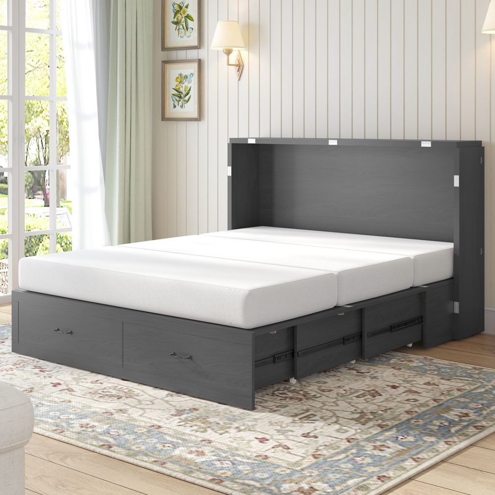 Mjkone Queen Size USB Murphy Bed with Foldable Mattress