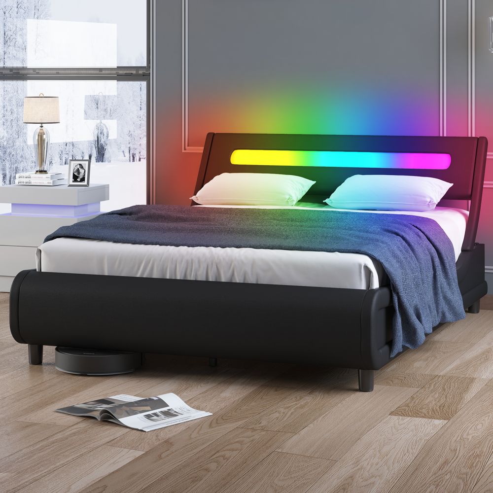 Mjkone RGB LED Headboard Upholstered Bed Frame