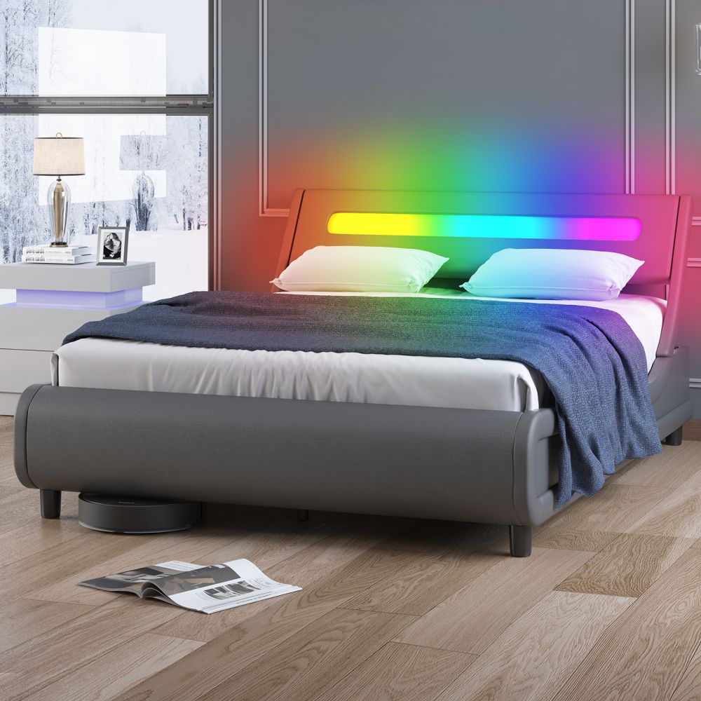 Mjkone RGB LED Headboard Upholstered Bed Frame