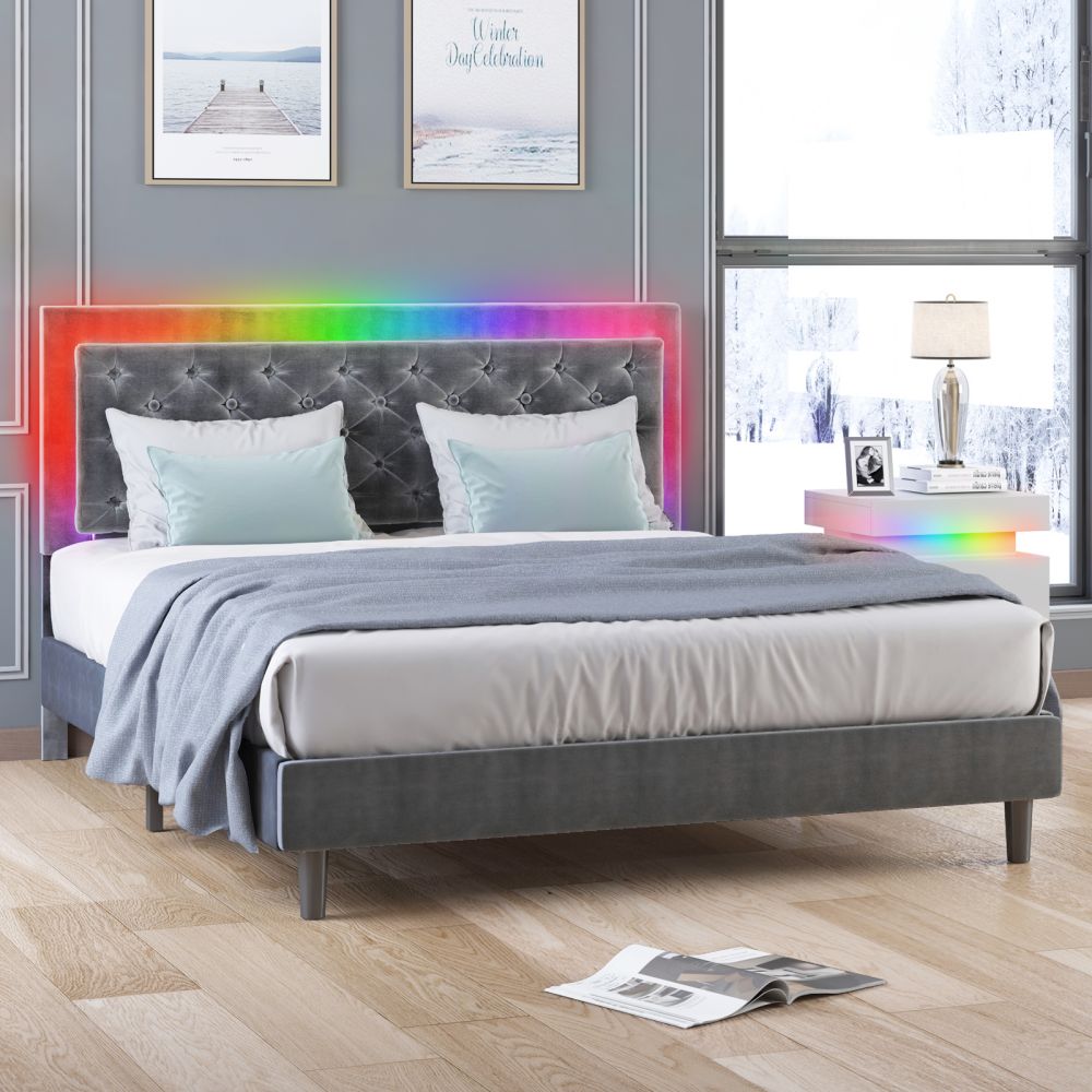 Mjkone Velveteen RGB LED Bed Frame with Adjustable Headboard